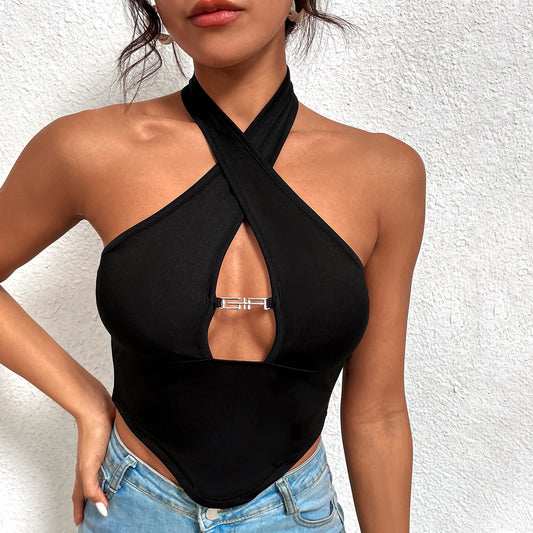 Womens Criss Cross Halter Top | Slim Fit Sleeveless Knit Crop Tank | noémi