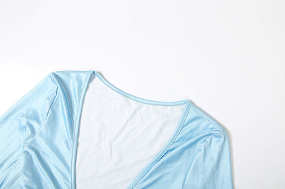 Ombré Ruched Mermaid Maxi Dress | Sky Blue to Mint Gradient with Fluted Sleeves | noémi