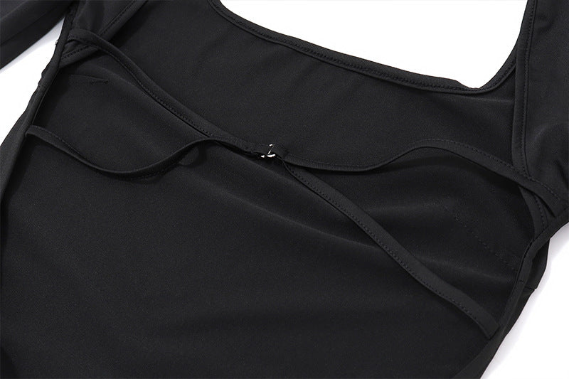 Backless Black Long Sleeve Bodysuit | Strappy Open Back Square Neck | noémi