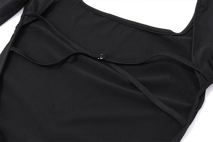 Backless Black Long Sleeve Bodysuit | Strappy Open Back Square Neck | noémi