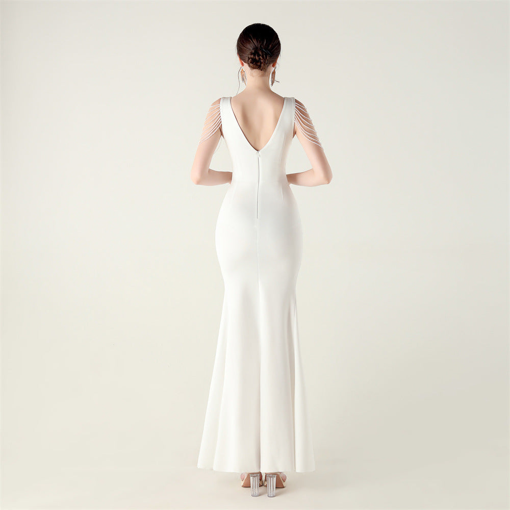 Beaded Slim Fit Dress V Neck Slit Gown | noémi