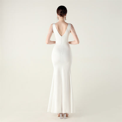 Beaded Slim Fit Dress V Neck Slit Gown | noémi