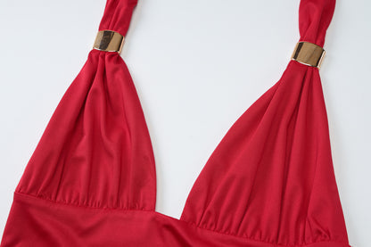 Women's Deep V Plunge Halter Crop Top with Metal Accent | Backless, Tied Tube Style | noémi