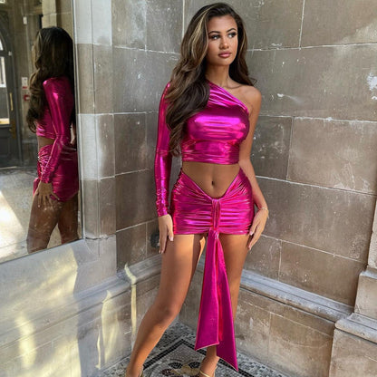 Metallic Bronze One Shoulder Top Elastic Hip Short Skirt Set | Lace Up Womens Suit | noémi