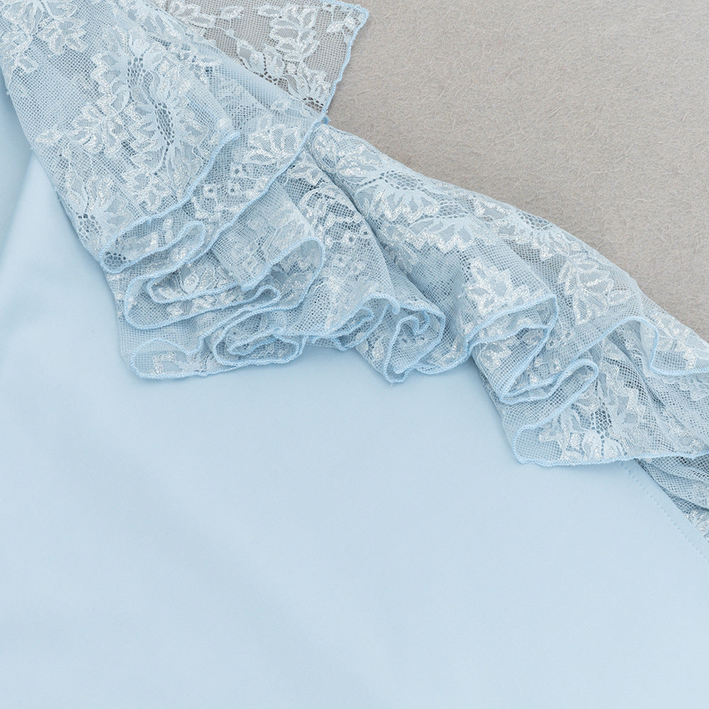 One Shoulder Sleeveless Dress with Side Slit and Lace Stitch Detail | noémi