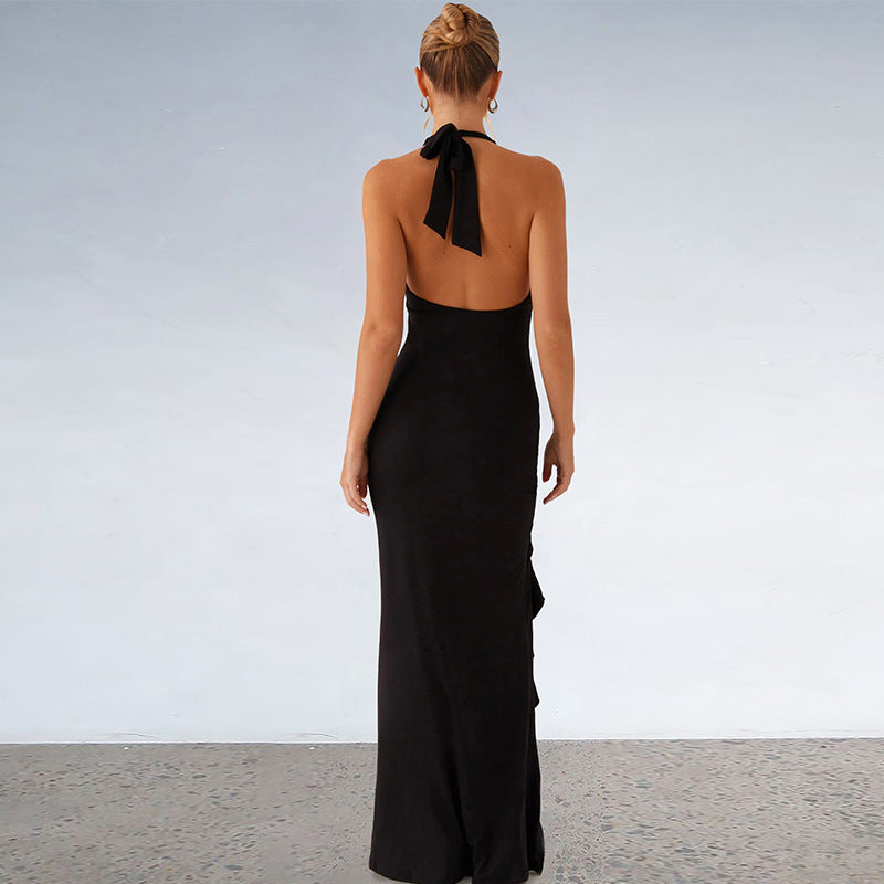 Womens V Neck Halter Dress with Split Back Detail | noémi