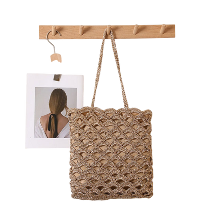 Wave-Weave Straw Shoulder Bag – Hollow-Out Woven, Silver/Natural | noémi