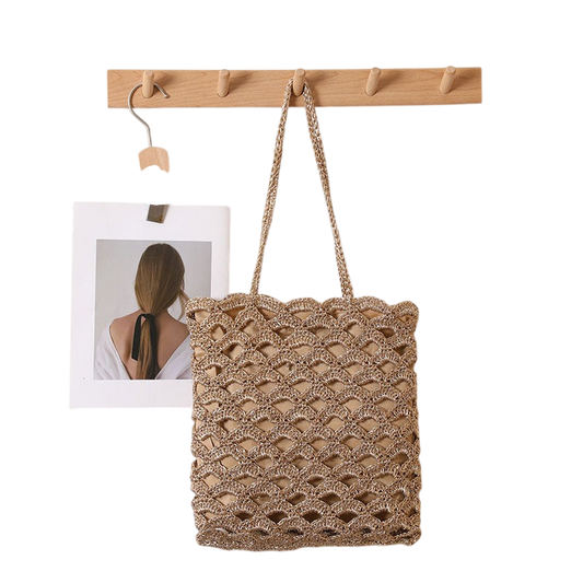 Wave-Weave Straw Shoulder Bag – Hollow-Out Woven, Silver/Natural | noémi