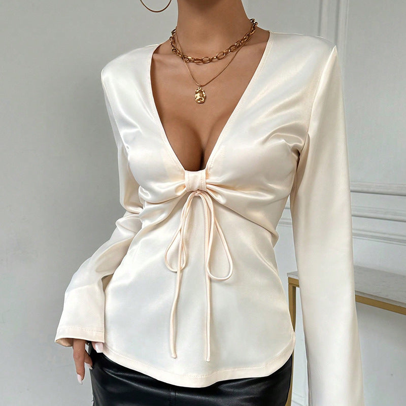 V Neck Bow Tie Long Sleeve Shirt | Womens Top | noémi
