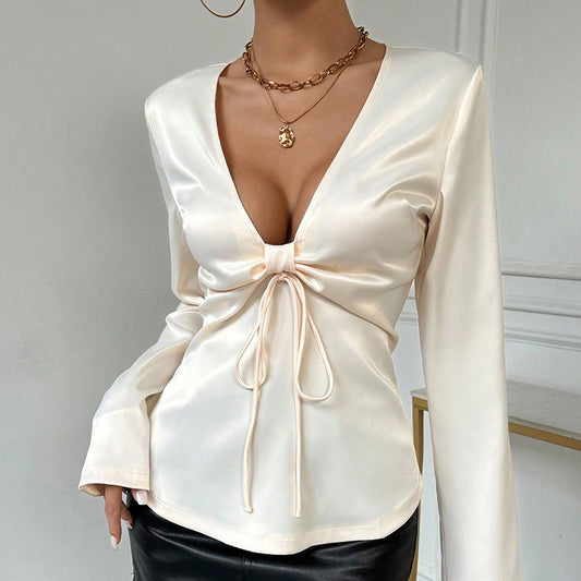 V Neck Bow Tie Long Sleeve Shirt | Womens Top | noémi