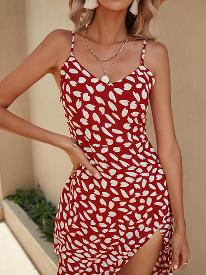 Womens Red Printed Strappy Midi Dress | Slim Fit, Slit Hem | noémi