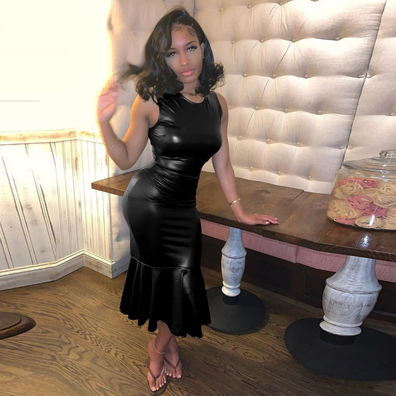 Womens Faux Leather Fishtail Dress | Sleeveless Round Neck Pleated Hem Midi | noémi