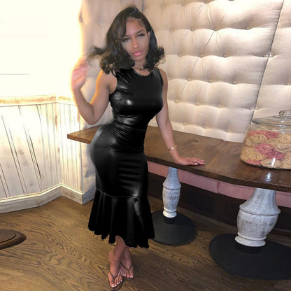 Womens Faux Leather Fishtail Dress | Sleeveless Round Neck Pleated Hem Midi | noémi