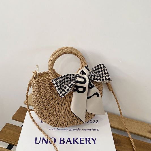 Straw Crossbody Bag with Plaid Scarf | Stylish Woven Summer Beach Bag | noémi