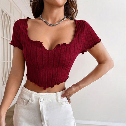 Women TShirt French VNeck Slim Fit Cropped Top | Burgundy | noémi