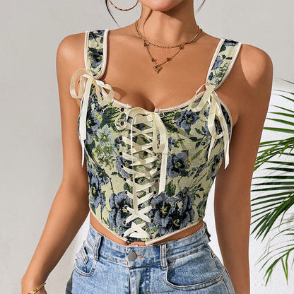 Printed Lace Up Corset Top | Floral Wide Strap Vest | noémi