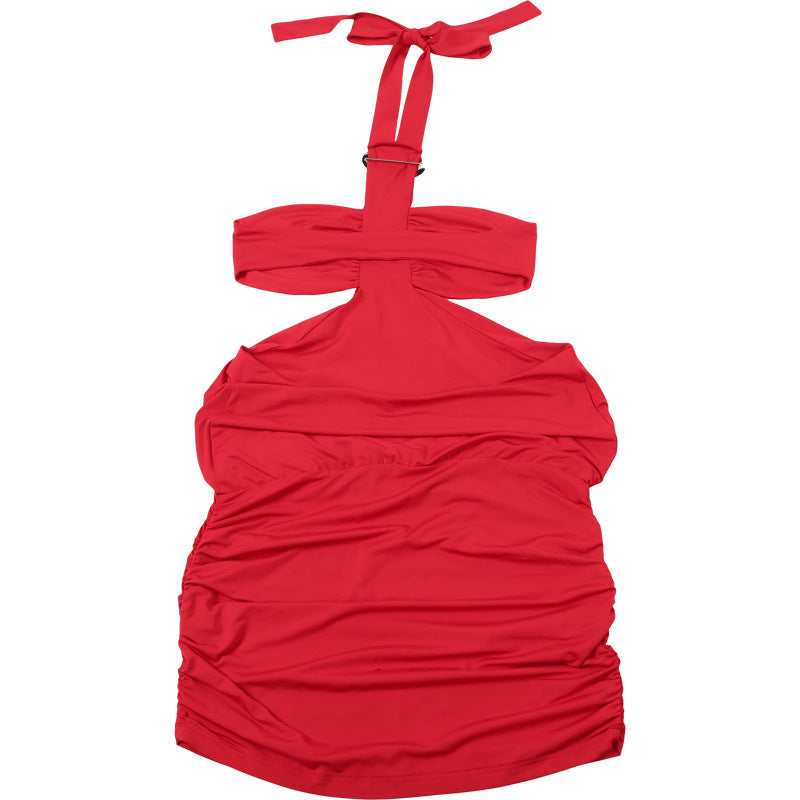 Women Halter Sheath Dress | Backless Lace Up Slim Fit with Pleated Detail | noémi