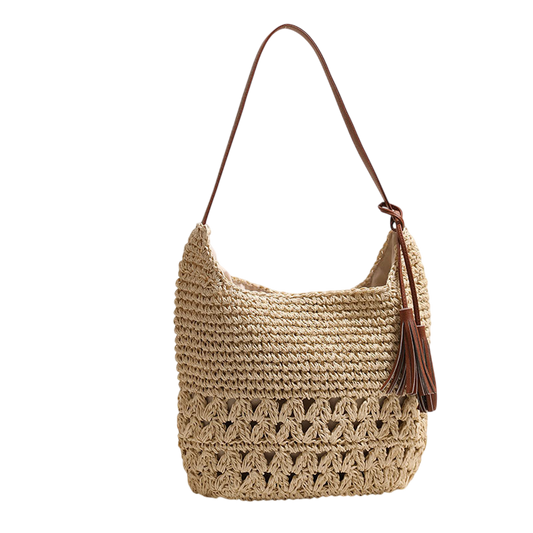 Hollow-Out Straw Shoulder Bag – Tassel Boho Beach Tote, Natural | noémi