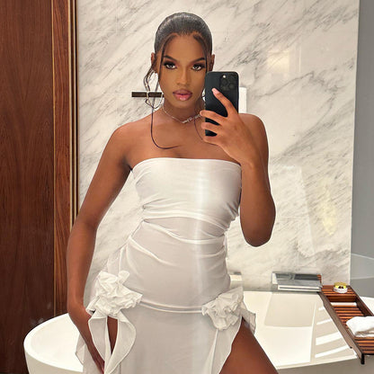 Womens Strapless Backless White Dress with Side Slit | noémi