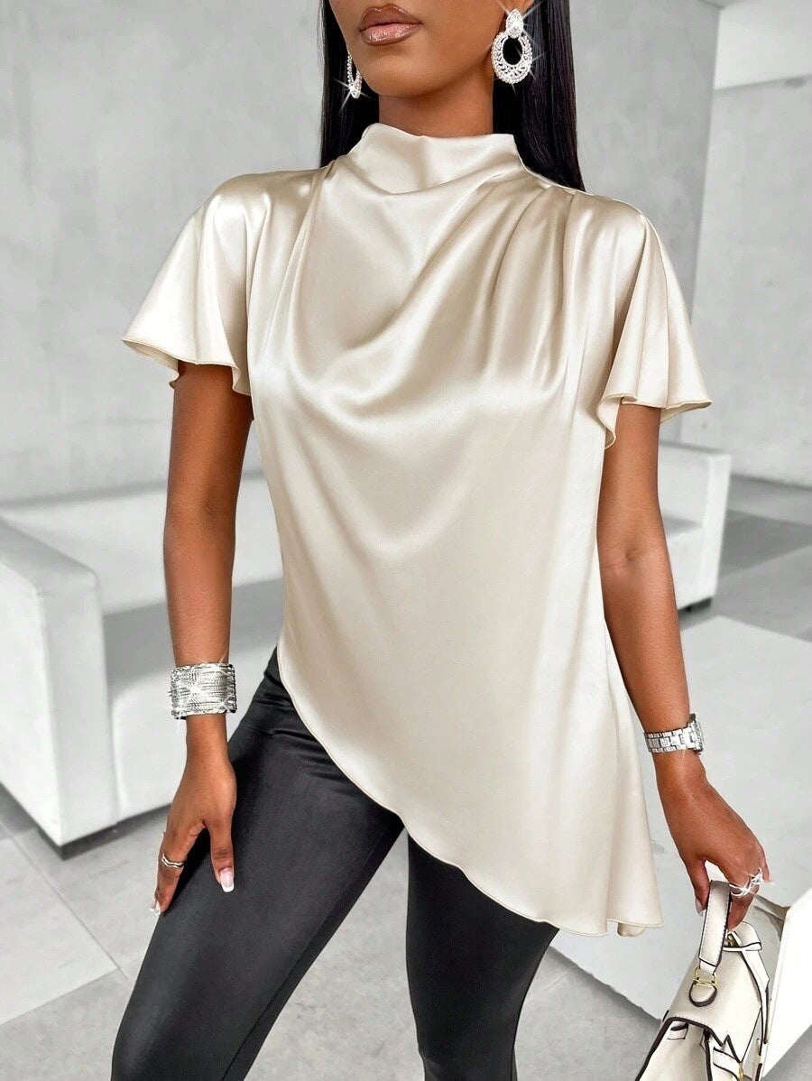 Satin Blouse | High Neck Short Sleeve Top in Champagne | noémi