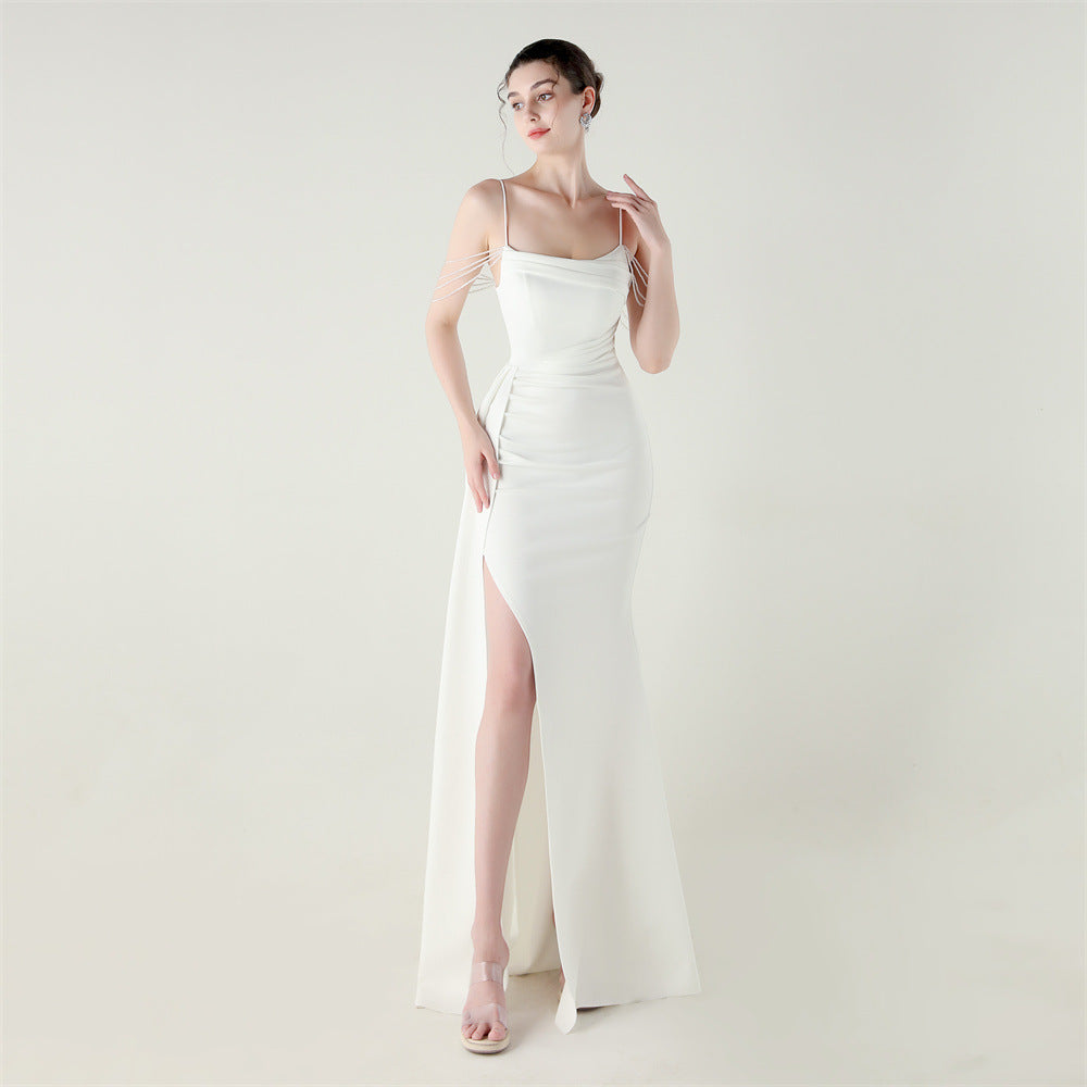 Satin Beaded Fishtail Dress | Spaghetti Straps, Thigh Slit | noémi
