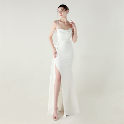 Satin Beaded Fishtail Dress | Spaghetti Straps, Thigh Slit | noémi