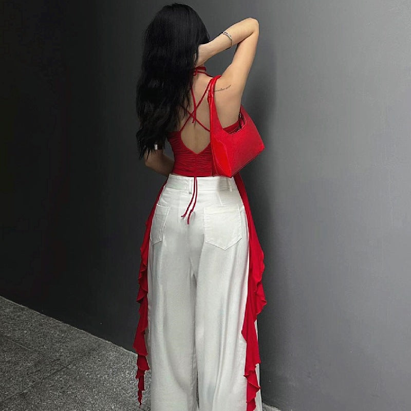 Bold Red Ruched Strappy Crop Top | Side Tie Tank | noémi