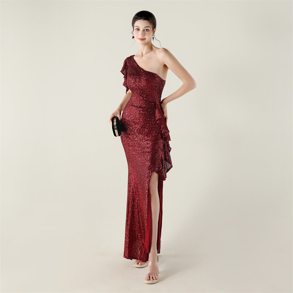 One Shoulder Ruffle Sequin Dress | noémi