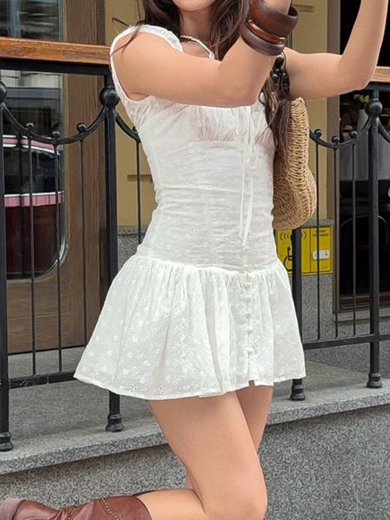 Sleeveless Mini Dress | Square Neck Lace Up Waist Button Front | noémi