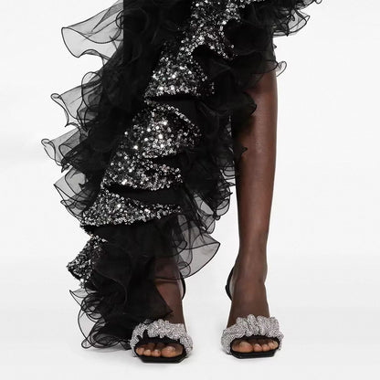 Womens Black Ruffled Mesh Dress | noémi