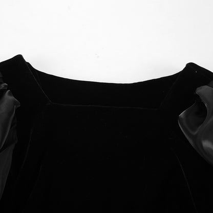 Black Square Neck Puff Sleeve Velvet Knit Dress | noémi