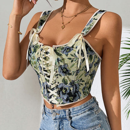 Printed Lace Up Corset Top | Floral Wide Strap Vest | noémi
