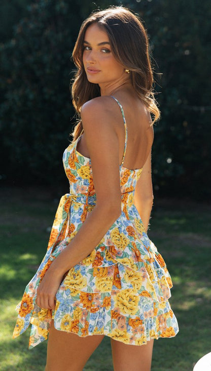 Womens Floral Printed Tiered Mini Dress | Sundress with Spaghetti Straps & Smocked Waist | noémi