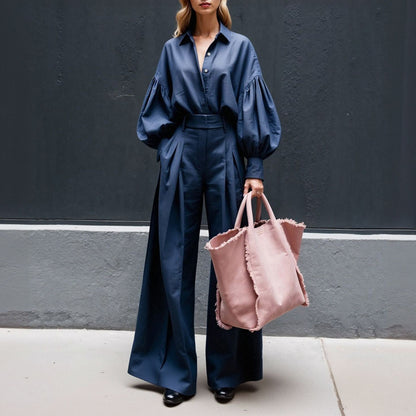 2 Piece Cotton Linen Set | Long Sleeve Shirt & Wide Leg Pants | noémi