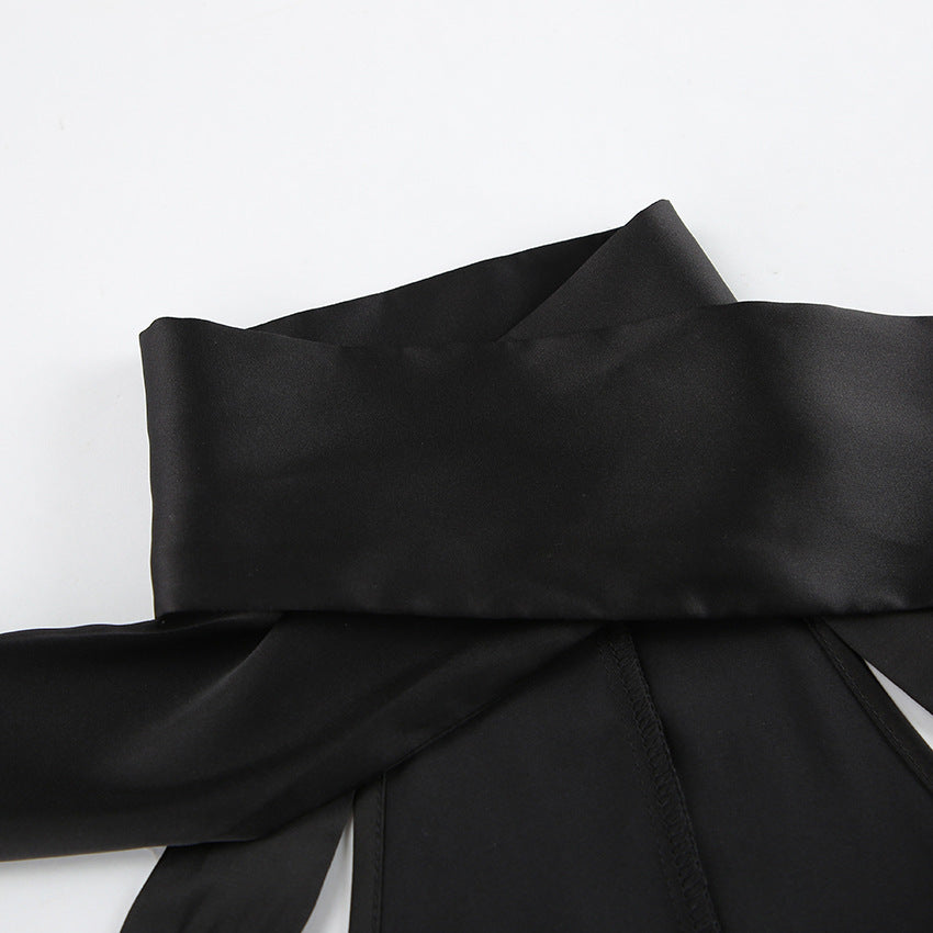 Black Off Shoulder Satin Dress | Swing Skirt Self Tie Waist | noémi