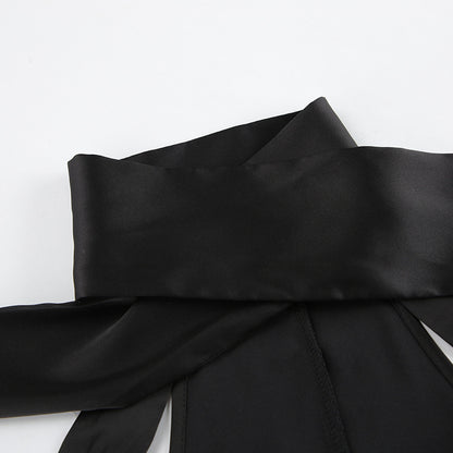 Black Off Shoulder Satin Dress | Swing Skirt Self Tie Waist | noémi