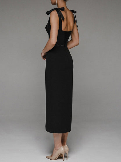 Sheath Dress | V Neck, Bow Tie Straps, Front Slit | noémi