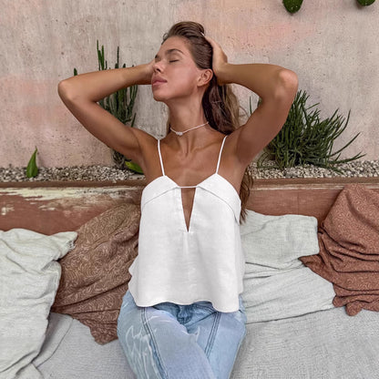 Linen VNeck Strap Cami | Summer Sleeveless | Solid Color Top for Women | noémi