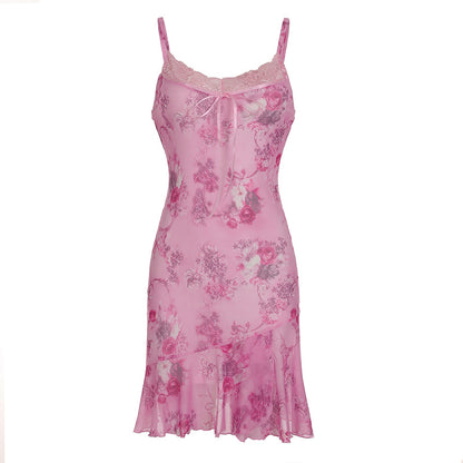 Lace Patchwork Dress | Retro VNeck Sling Dress | Irregular Hem | Floral Print Mini Dress | noémi