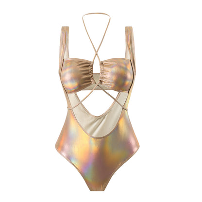 Laser Glossy One Piece Swimsuit with Hollow Drawstring Cutouts | noémi