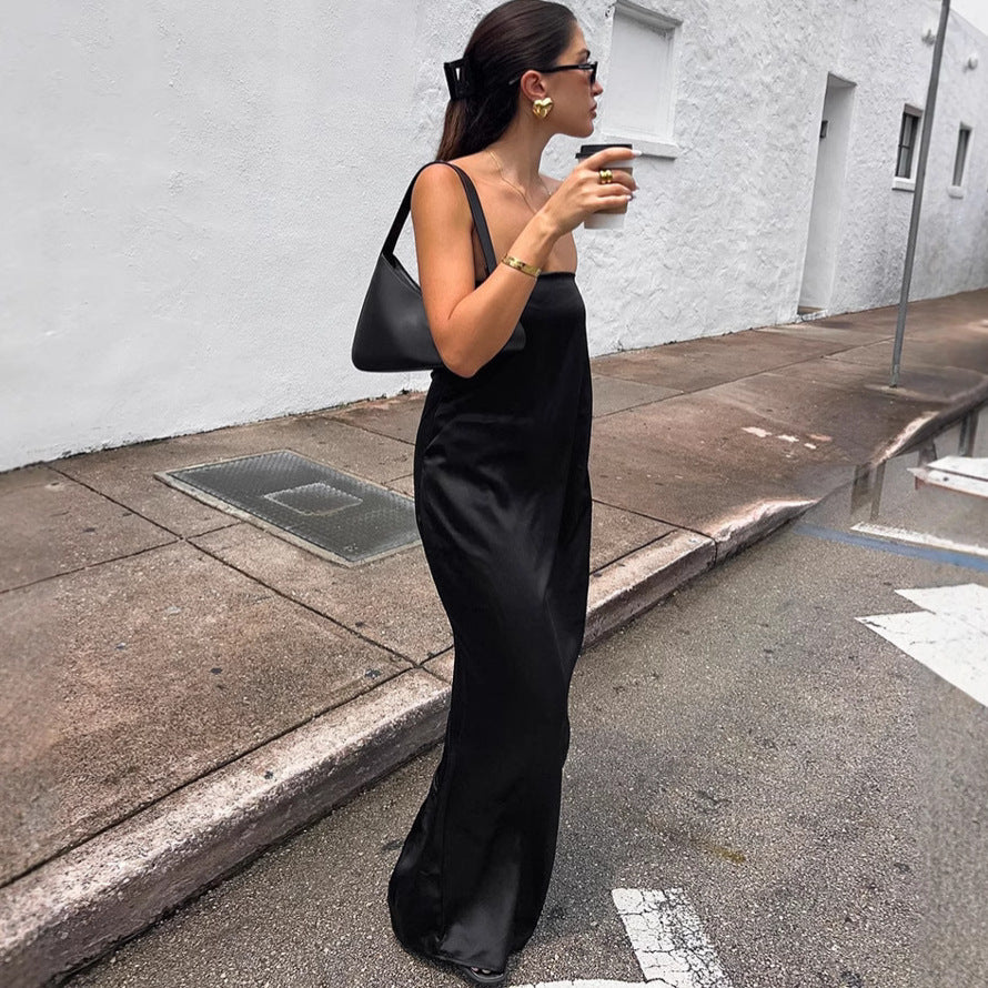 Black Satin Tube Top Dress | High Waist Loose Fit | noémi