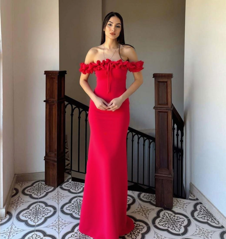 Off Shoulder Ruffle Bodycon Maxi Dress | noémi