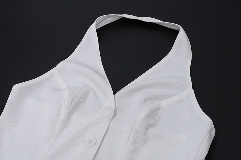 Two Piece White Satin Set | V Neck Halter Crop Top Low Waist Slit Maxi Skirt | noémi