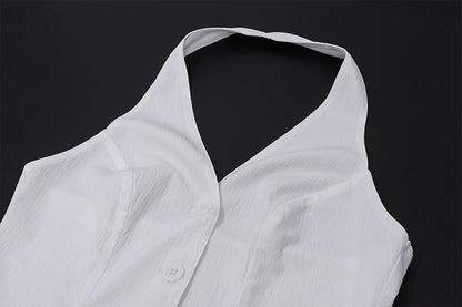 Two Piece White Satin Set | V Neck Halter Crop Top Low Waist Slit Maxi Skirt | noémi