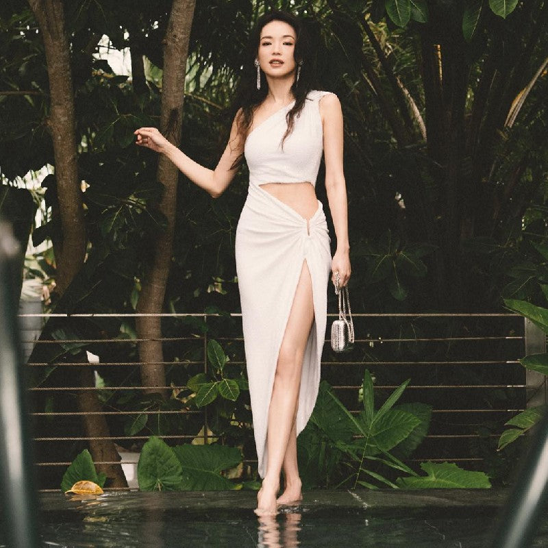 One Shoulder Two Piece Bodycon Dress | High Waist Slit Cutout Dress | noémi