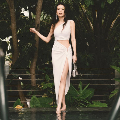 One Shoulder Two Piece Bodycon Dress | High Waist Slit Cutout Dress | noémi