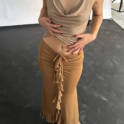 Ruched Tie Waist Ruffle Skirt | Flowy Midi with Side Slit & Adjustable Fit | noémi