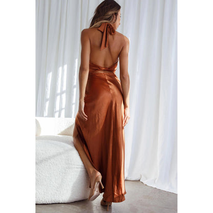 Satin Halter Midi Dress | Backless Side Slit | noémi