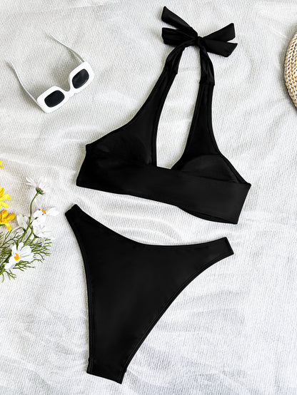 Black Halter Bikini with Gold Ring Detail | Lace Up Swimwear Set | noémi