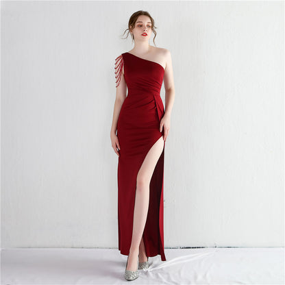 Satin Beaded One Shoulder Fishtail Gown | Slim Fit Slit Maxi Dress | noémi